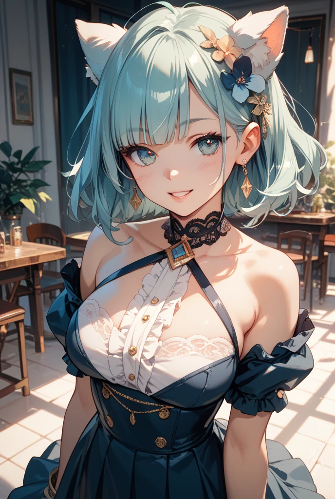elira pendora, nijisanji, blue hair, blue eyes, hair wings, hair ornament, hair over one eye, (large breasts:1.1),
1girl, arms behind back, midnight, starry sky, colored lighting, looking at viewer, black night gown, black gown, messy bun, party, garden, black, cocktail dress, evening, lanterns, trimmed bushes, (solo focus, depth of field, ambient lighting, blurry foreground, blurry background:1.3), atmospheric, light flares, intricate details, enhanced lighting