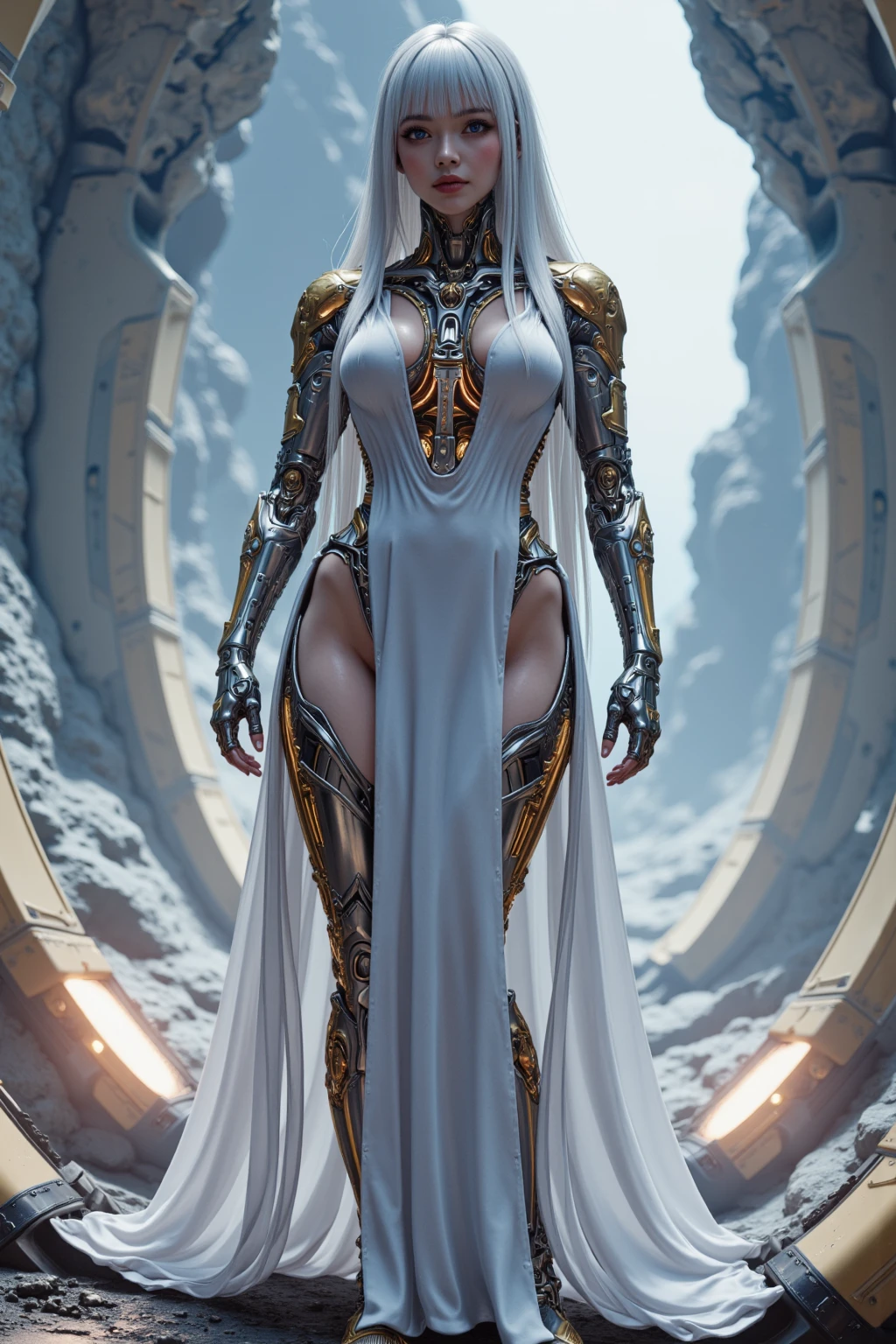 A highly detailed image of a beautiful elven woman with long silver hair, approximately 25 years old, with gray eyes. She has small silver earrings on her earlobes and is wearing a camel-colored robe over a black tank top. She has a glamorous body type and is wearing knee-high boots. A silver choker adorns her neck. The background is a desert setting with a futuristic robot standing behind her. The scene features high-resolution details, a sci-fi atmosphere, and cinematic lighting effects.