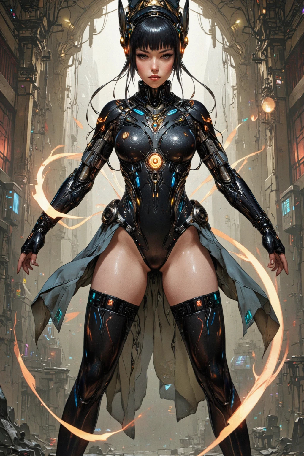 Cute Young Biomechaser Steampunk Cyborg Realistic Female Movie Shallow Focus Scene, En savoir plus sur son Full-Body Steampunk、Il reste en mouvement fluide d&#39;a simple way, endroit aride avec de superbes paysages nuageux et couchers de soleil、Cylindre hydraulique、Metro、Tuyaux、Ampoules DIRECTED、vacuum tubes、CPU、DIRECTED、Fibre、exhaust、radiateur、Electronic circuits、 Le clivage est visible、 (porter des vêtements futuristesandarine:0.3) Its intricate and detailed steampunk body made of anatomically sculpted biomechanical graphite, (Biomécanique Graphite Steampunk Cyborg Grady、Intricate and detailed anatomically carved with gothic details).Casque futuriste、 (Steampunk cyborg made of anatomically sculpted biomechanical graphite、En savoir plus sur l’élégant et glamour gothique 、cables, Les fils et les micropuces sont、Expertly on her female cyborg body) Corps élancé en forme chaude avec un beau visage jeune et rond, De grands yeux ronds expressifs, Captured with bright natural light and beautiful vibrant colors. Des images époustouflantes avec une résolution 8K dans un style steampunk. The scene has a strong heroic and invincible vibe, a masterful complete scene of the female full body standing with a happy expression.