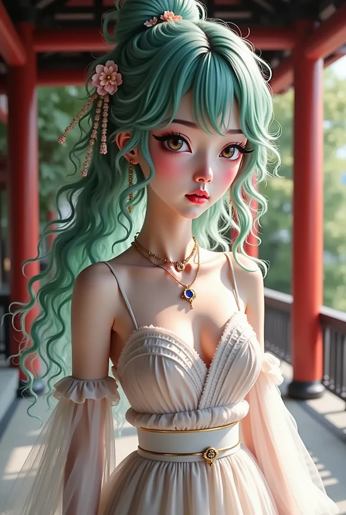 Green hair, beautiful woman, realistic dress, long hair, flower decoration on head