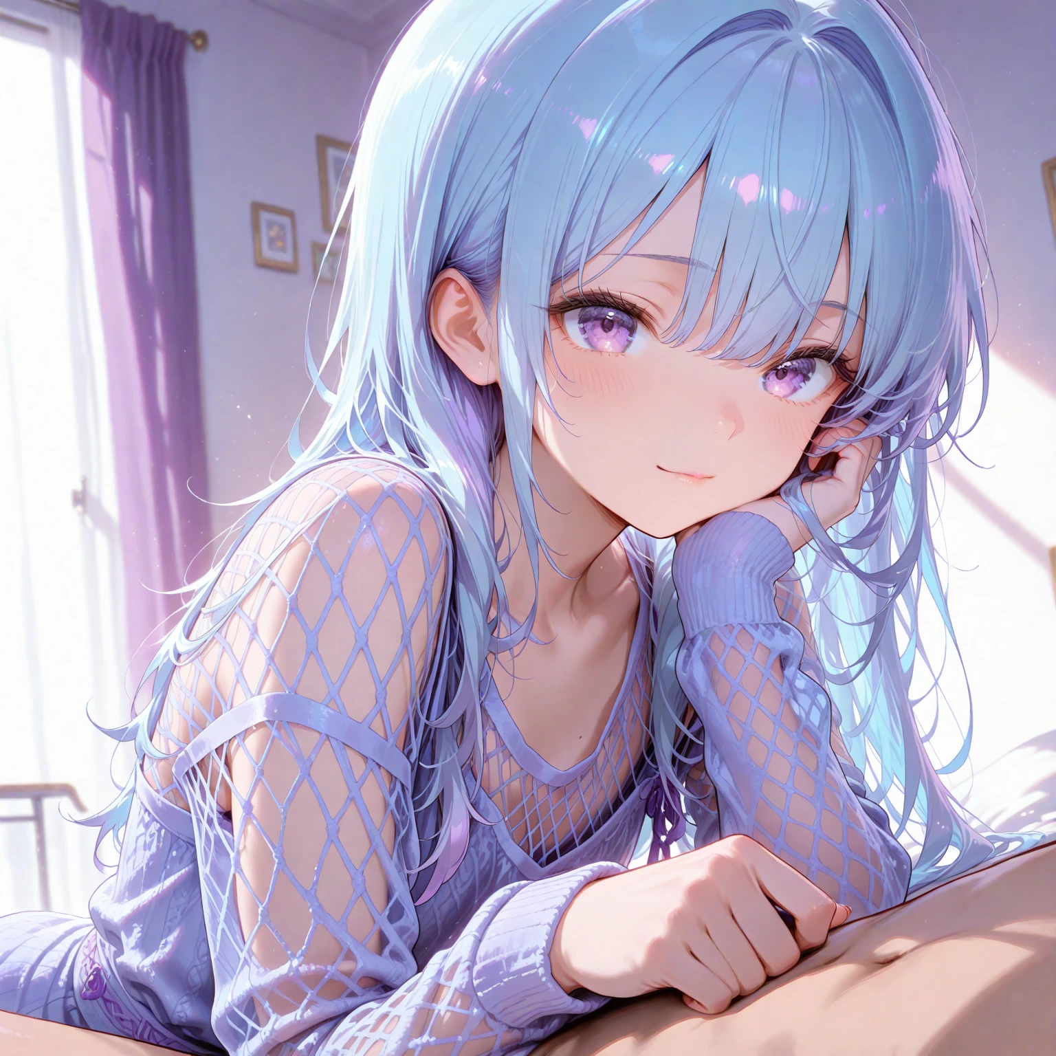 {pajamas},bare_legs,ahoge,Side sitting,medium_breasts,white_thighhighs, {best quality}, {{masterpiece}}, {highres}, {an extremely delicate and beautiful}, original, extremely detailed wallpaper,1girl,{COLORFUL},{VIVID COLORS},{VIVID},{flat color},{Hand detail},{{Correct hand structure}},{collarbone}