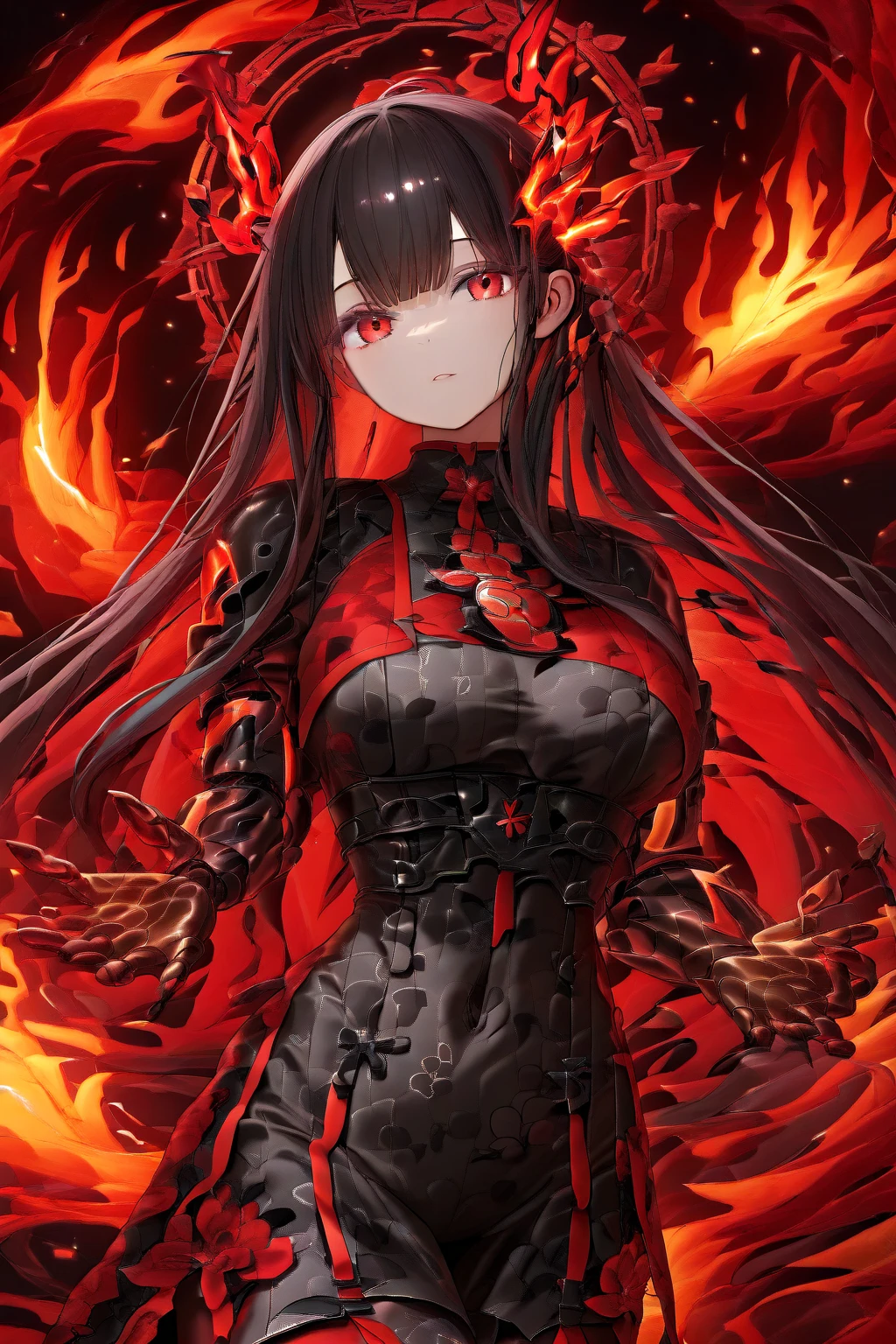 top quality、Cyber Priestess、red eyes、glossy black hair long hair(Japanese、bangs)、Mechanical arm(Flames from the palm of your hand)、dynamicに炎を纏う、Futuristic Design Shrine Maiden Outfit(Digital pattern)、dynamic、Guardian Spirit of the Bird of Fire、Fire、dramatic