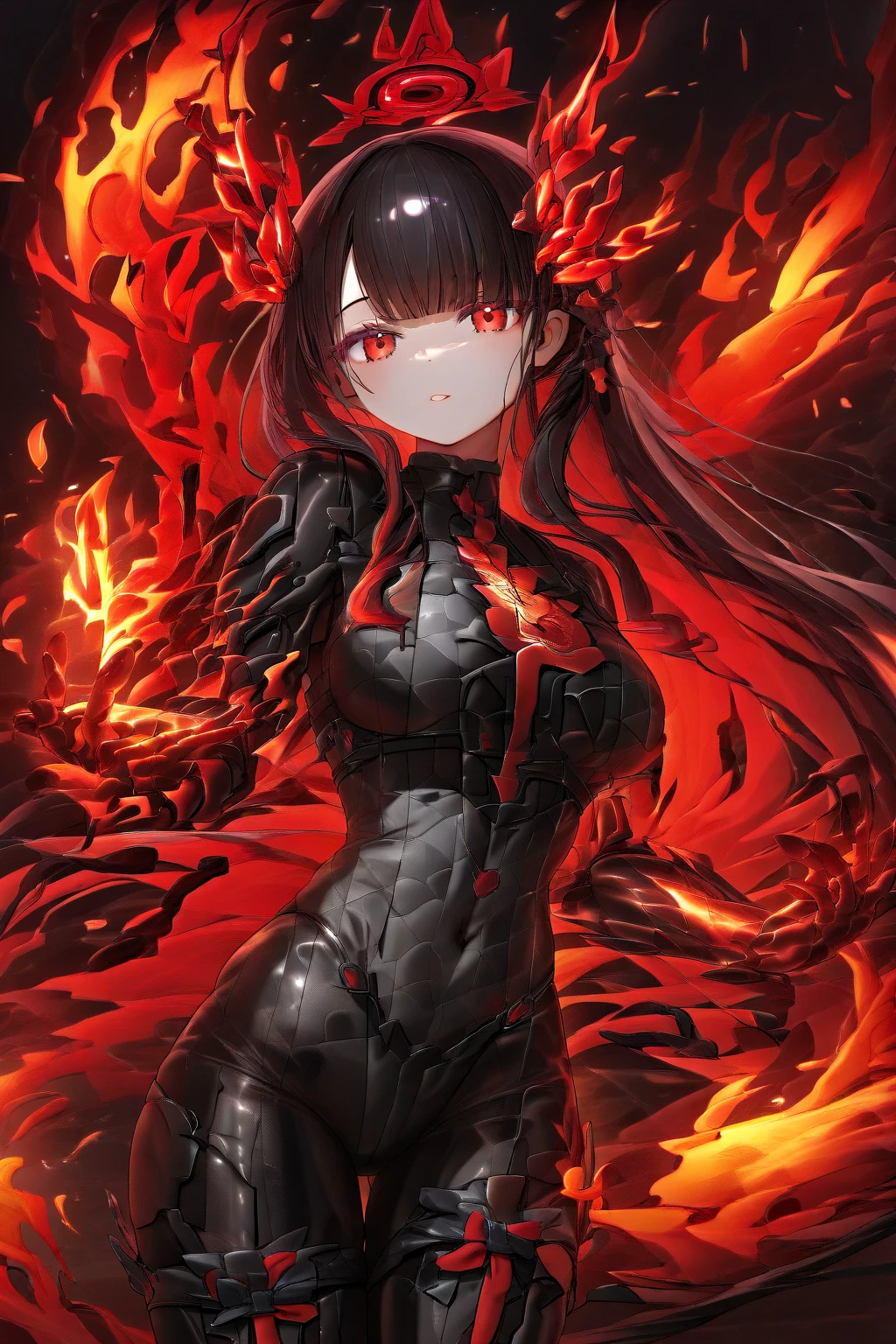 top quality、Cyber Priestess、red eyes、glossy black hair long hair(Japanese、bangs)、Mechanical arm(Flames from the palm of your hand)、dynamicに炎を纏う、Futuristic Design Shrine Maiden Outfit(Digital pattern)、dynamic、Guardian Spirit of the Bird of Fire、Fire、dramatic