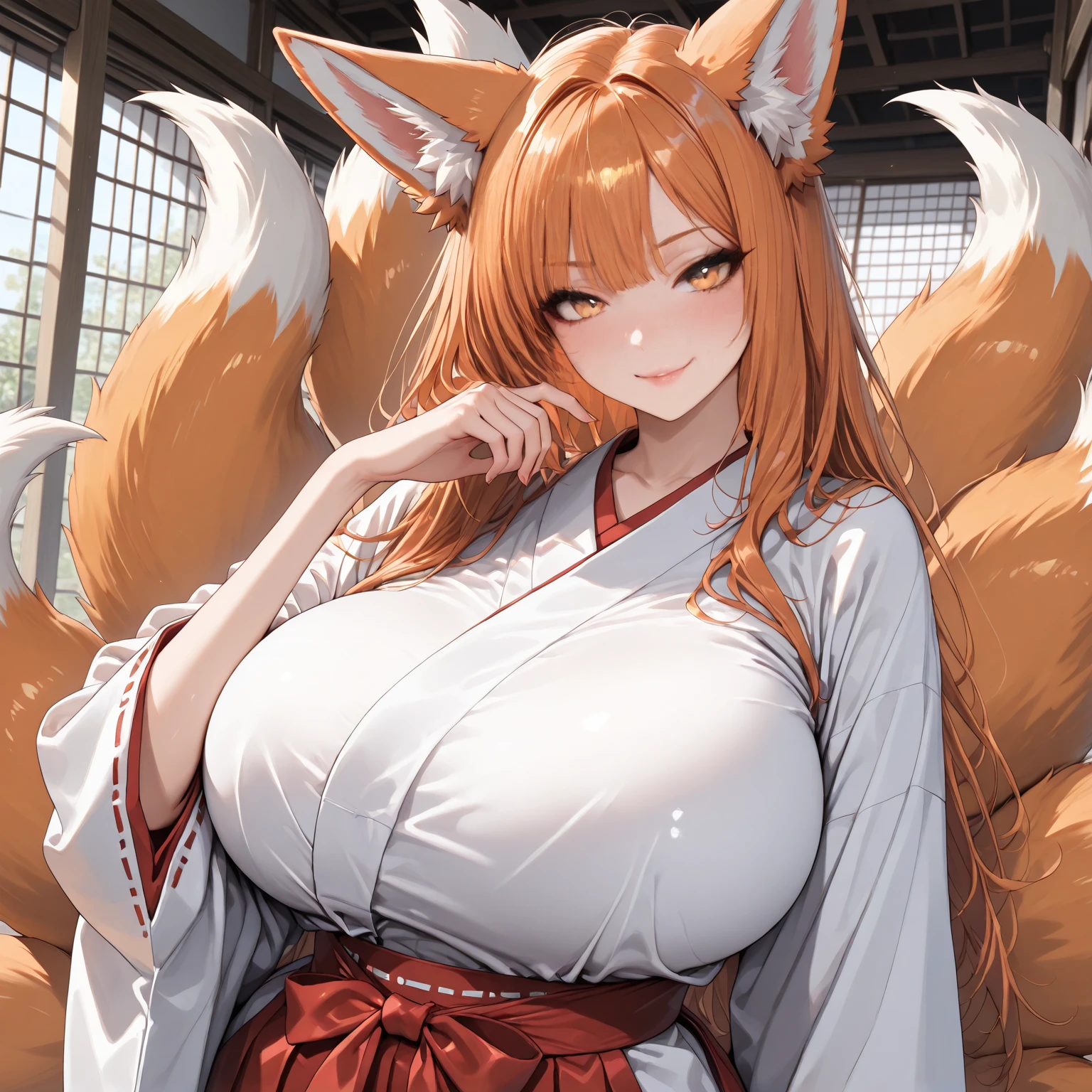 ((Best Quality)), ((masterpiece)), (detailed), 1 girl, Orange hair, long hair up, fox ears, clear skin, blue eyes, big breasts, wide thighs, white kimono with red flowers, Fox tail, happy expression, short stature, at home, in the backyard