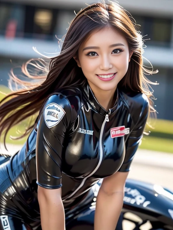(1 girl)、highest quality、masterpiece、超A high resolution、(Photoreal:1.4)、Raw photo、1 girl、Wet Hair、hot、Sweat、(Wear skin-tight leather racing suits)、female rider、Long sleeve,、Leather Racing Gloves、Portraiture、Shadow、Octane Rendering、8k、Ultra Sharp、Metal、Intricate decorative detailore about Japan、Very intricate detail、Realistic Light、(smile)、Shining Eyes、To the camera、Small LED、close