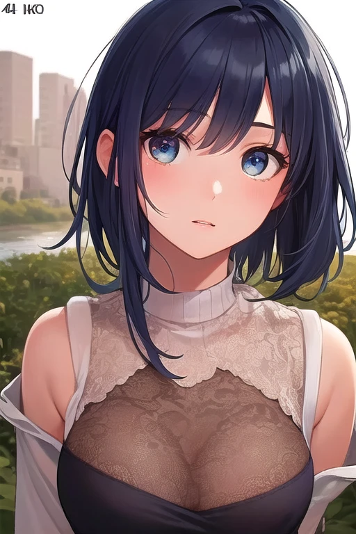 masterpiece, seductive face, good lighting, décolleté, huge breasts, small details, masterpiece, glowing eyes, 1girl, short black hair , Mikasa Ackerman , wisteria background, masterpiece, best quality, POV, whole body, wide hips,