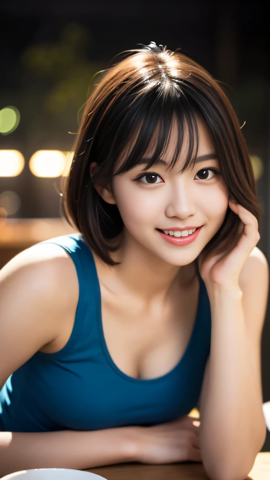 realistic photos of cute Korean girl, medium hair, thin makeup, large breast, deep cleavage, slightly smile, wearing
cartoon pattern cropped tank top, selfie, IN THE CLUB, in the night, Eye-Level Shot, god rays, halftone, dithering, UHD, 16k