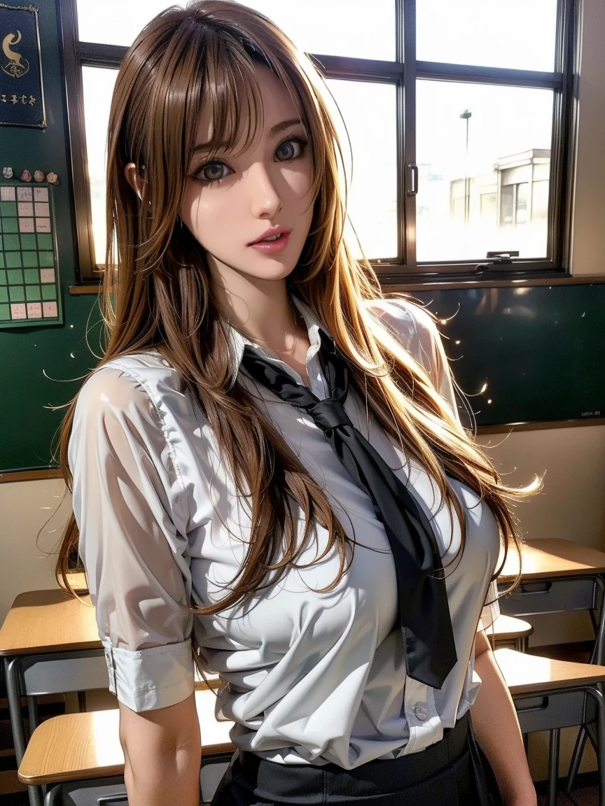 (8ก, 最high quality: 1.2), Very detailed, Complete solution, (Realistic, Realistic photo: 1.37), Portraiture, High resolution RAW color photograph, Professionally arrested, High resolution and beautiful, High resolution, 8ก Image Wallpaper, Amazing details, Large file size, Very detailed美しい女の子, Very detailed face, (Super beautiful, well-defined eyes:1.8), The nose is precisely shaped., expressive lips,(sunset,Classroom Background:1.2) , One Story, pretty girl, Realistic、                                                                                 (Movie Scenes,Fantasy art,最high quality,high quality,High resolution,High quality texture,Attention to detail,Beautiful details,Fine details,Very detailedCG,Detailed Texture,Realistic representation of face,Tabletop,before,dynamic,bold),1 Girl,Very detailed肌,curve,(Covered nipples:0.8),Beautiful breasts,Small breasts,Pale skin,Pointed Chest,Erect nipples,(Very fine hairs),(Super soft hair),(Super Straight Hair),Long, slicked bangs,Very light coppery amber hair,Hair on one eye,Very lean body,Smart Abs,( School teacher clothes:1.5),