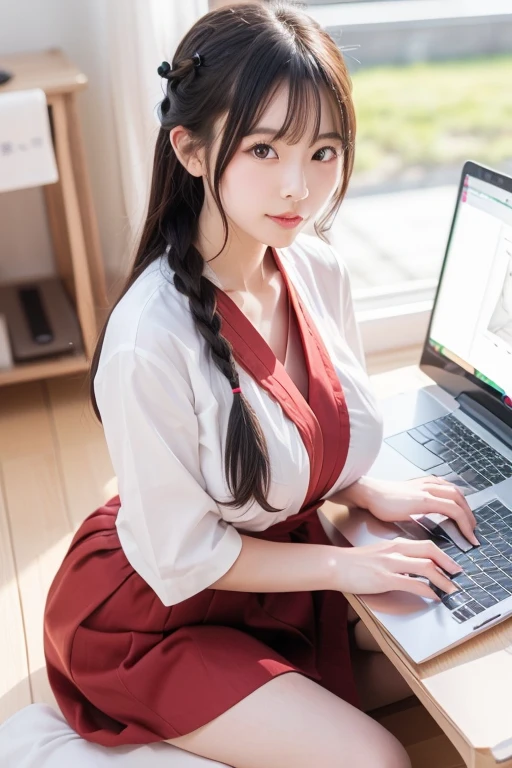 Make me a picture of the anime 'vanitas no carte', a 19 year old girl, big hair is a bit flat, hair color: Pink, tired eyes with dark circles, eye color:Pink, She wears a dark blue blouse and black pants, She's white as snow and she's a vampire