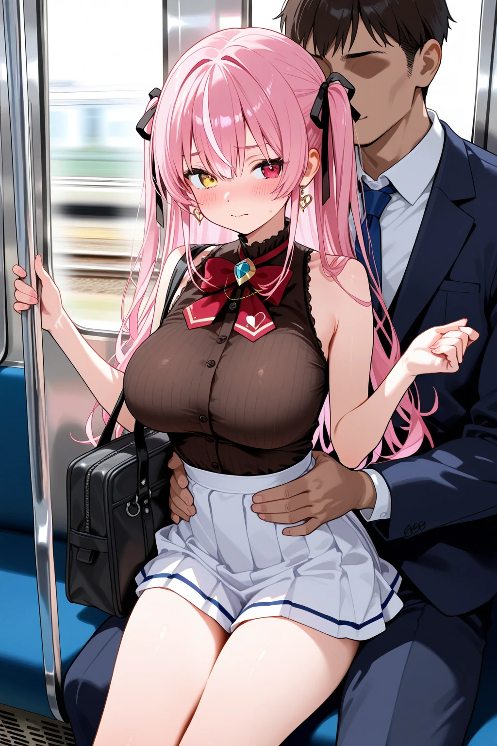 holding on to the railing of the train,(looking away:1.4), (train interior:1.3),(crowded train:1.3),(white shirts:1.5),(Her breasts are being fondled from behind by a boy:1.5)
,alternate breast size, breast grab, breasts, deep skin, grabbing, (a boy,grabbing from behind:1.5), (frown:1.2), (embarrassed,blush:1.2),(Stunned face of despair:1.1),sweat,nsfw,(open clothes:1.3),(bare nipples:1.3),
,nsfw,1girl, 2boys, breasts, clothed female nude male, (double penetration:1.5), (group sex:1.3), hetero, manly, mmf threesome, (multiple boys:1.2), nude,
, threesome,(1boy,penis,missionary sex:1.3),(spread legs:1.4),hetero,(standing sex:1.6), standing upright,
,(penis inserted in pussy:1.3),(pubic hair:1.3),(nipples peek:1.3),girl lying on one's back,gangbang,
nsfw,(covering own hand over own mouth and endures moaning :1.1),trembling, twitching,(nose blush :1.3),serious, (angry:0.7), neat,(blush:1.2)
,(cum in pussy:1.5),1 girl,half closed eyes,blush,heart-shaped eyes,pink hair,blue eyes,two side up,shoulder,evil children