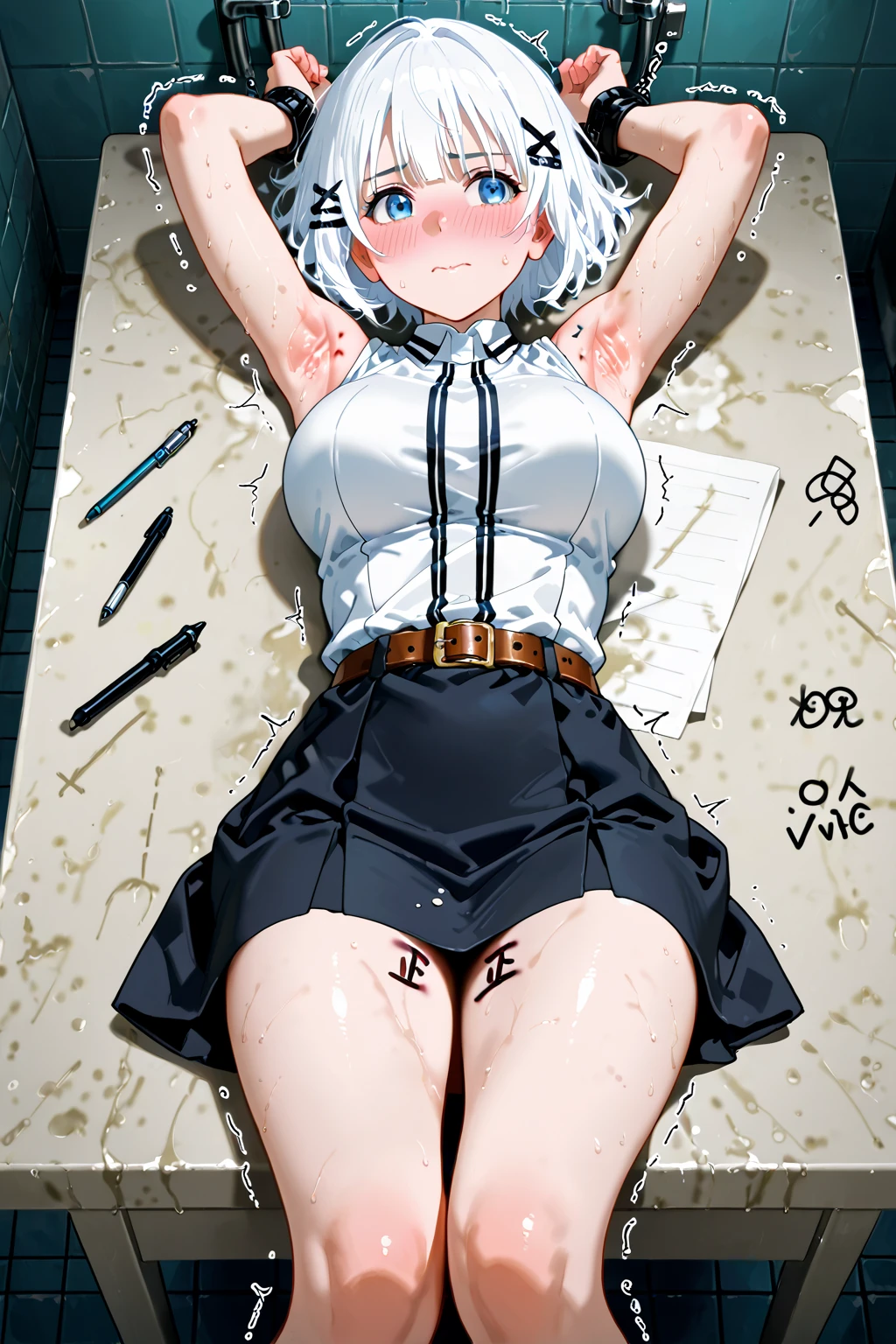 nsfw, (view from side, mature female, lying on her side, fainting, Dirty stone floor, Graffiti wall background, toilet papers on ground, full body shot, slim body, small-medium breast, closed eyes, crying, detailed face, rounded eyes, teary-eyes, Sad face, torn cloth, erect nipple, closed mouth, whipped scars on body, scratched scars on body:1.0), (dark blue color yukata, Japanese sandal), straight bob hair, separated bang, brown Hair, hair ornament, (cum on body, cum on face, cum on cloth, cum on legs, used sex toys on ground:1.0), dark, night 