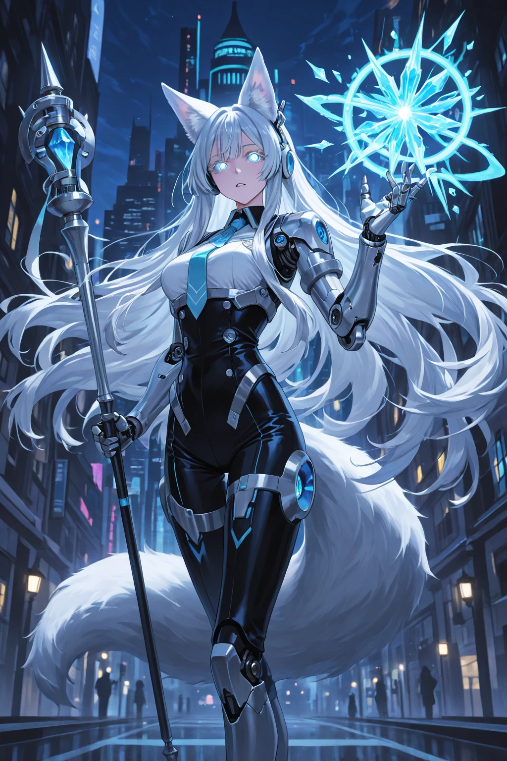 best quality, expressive eyes, perfect face, silver opal lightning storm, post apocalyptic city, holding magic globe, thicc huge busty wolf girl, wallpaper art, very detailed eyes, anime style, full body art, victorian dress, cleavage,