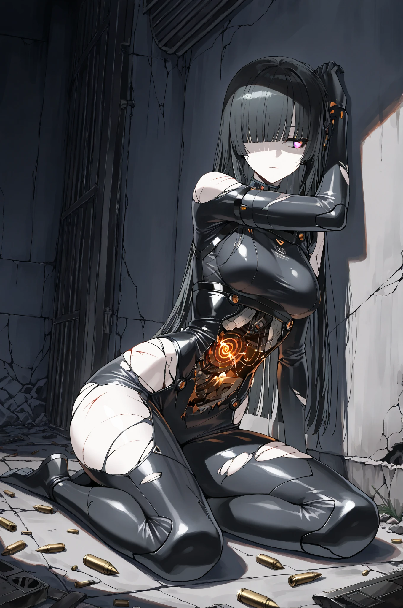Girl in cyber style maid costume. She's a Dark Fantasy. she has short hair. Latex. Shining eyes. Tentacles extending from behind her. Mechanical tentacles like Giger. Knife at the tip of the tentacle. Curved knife. dark laboratory.