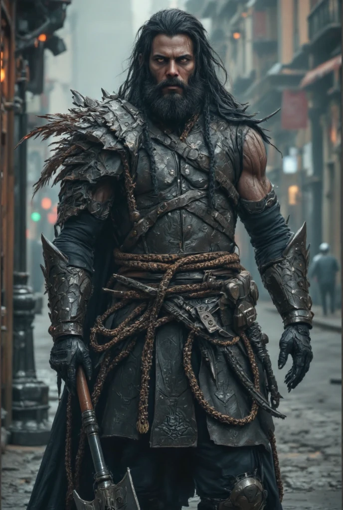 A picture of an antagonist apocalypse warlord with a style of a glam metal rock star, Don Lawrence style with Studio Ghibli aesthetic