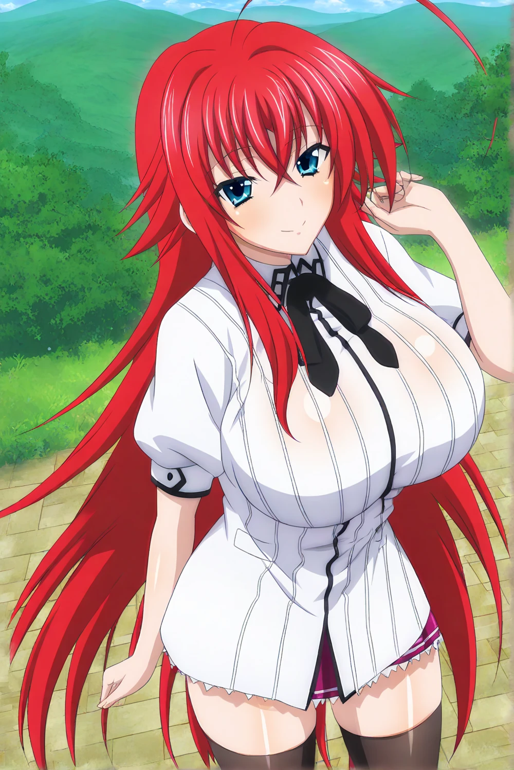 ((master piece)) , (High School DxD) , ((Rias Gremory)) , (red hair) , (long hair) , (blue eyes) , (detailed art style) , (highly detailed) , (finely detailed) , (beautiful girl) , ((photo realistic)) , latex dress , light smile, outdoors, ,ltxdr3ss