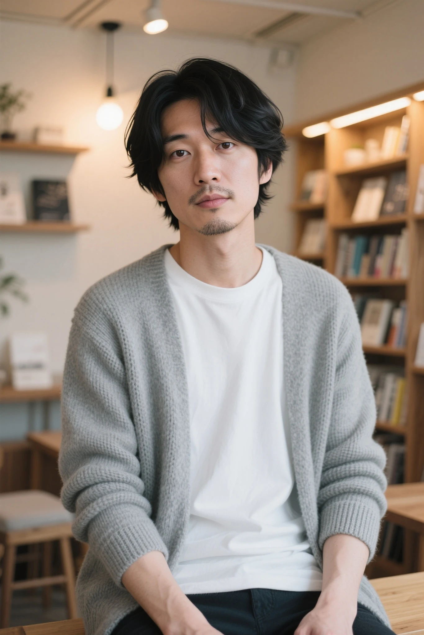 Man sitting at table with plates of drinks and dishes, Tomohiro Shimoguchi, Takeyuki Kanda, Yosuke Ueno, Kosuke Ohno, artist Shin Yokoyama, Yoji Takeshige, Yuya Nagai, Shinji Kimura, Masahiro Ito, Kaoru Mori, in front of a ramen shop --auto --s2