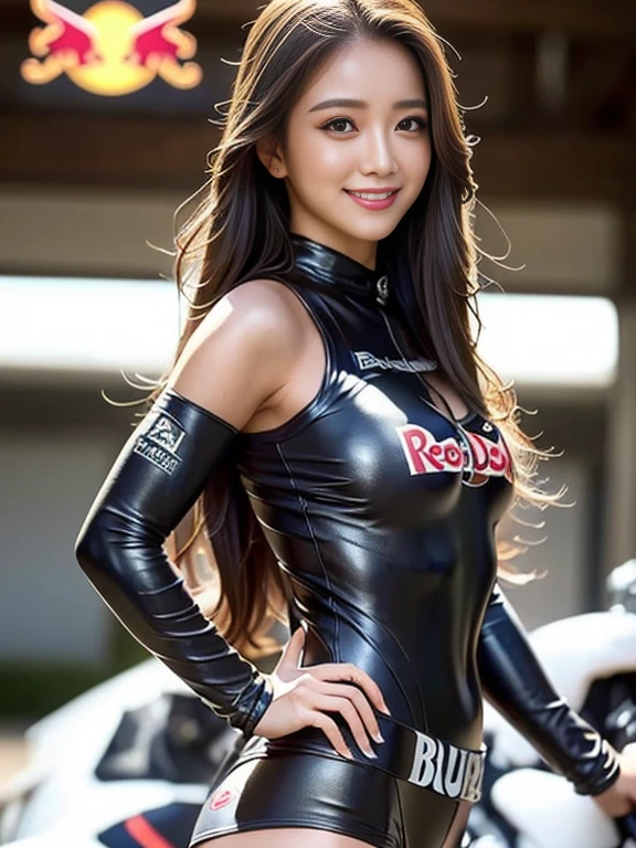masterpiece:1.3), Super detailed, Ultra-high resolution, (Realistic, photo Realistic:1.37), high detail RAW color photo, Professional photos, ((Hyperrealism)), (Depth of written boundary), Full Sharp:1.2, (1 European girl, Hot Model, 18-year-old), With a perfect body, Very beautiful face and eyes, ((Heavy makeup, [[Pink lipstick]], eyeliner)), (Perfect Proportions), (Anatomically correct), ((Displaying the viewer)), ((Super high quality natural hair)), (((black、white (((Side-combed hair))), Woman in a cheerleader outfit, ((Raise the checkered flag, blackとwhiteのチェック柄:1.35)), photo shoot, Race Car, color, (((Lace style))), ((Raising the Flag, Only one number, Go-go dancer, Flare, 3 4 5 3 1 , pinned down, pinned down:1.2)), (Big ample breasts:1.1)), (Tight waist:1.2), Medium sized butt, ((肌をwhiteくする, Slim face)), Beautiful cheekbones, Slim Belly: 1.2, (Very slim, Muscular body:1.1), ((Highly detailed face)), Attention to detail, double eyelid, (erotic:1.3), Satisfied smile, Gorgeous appearance, Stunning appearance, ((Cowboy Shot)), (Dynamic pose: 1.4), Race track in the background,Perfect body、1 female