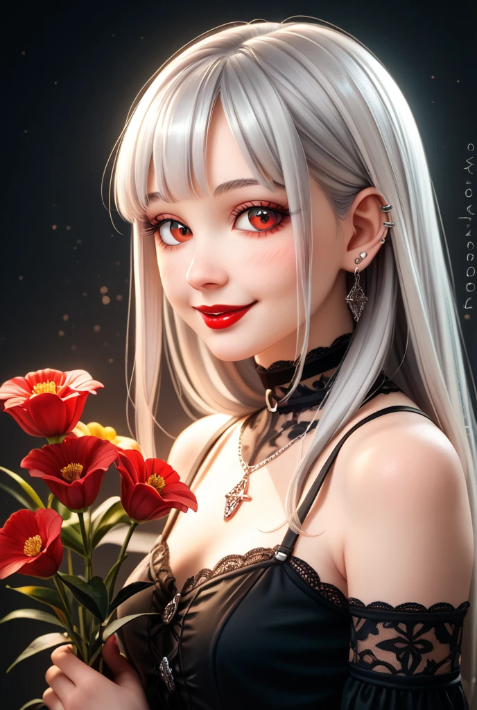 Close Up portrait Mystical beautiful woman in a gothic costume of a medieval vampire in a hood. An adult girl holds a rose flower in her hands. Beautiful face red makeup, attractive lips. Halloween party image