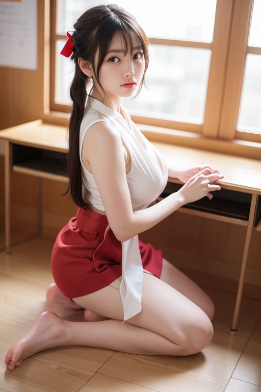 long knee socks,garter belt,,very huge breasts,huge breasts,very mini-skirt,sleeveless,nurse uniform,sucking on a long stick,touching her own ass,very long hair,extremely large breasts,