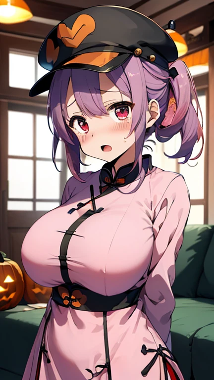 1girl ,amputee ,big hair ,black kimono ,breasts ,cleavage ,eyepatch ,facial tattoo ,japanese clothes ,kataginu ,kimono ,large breasts ,long hair ,multicolored clothes ,multicolored kimono ,one-eyed ,open clothes ,open kimono ,orange background ,pink hair ,red eyes ,samurai ,scar ,scar across eye ,tassel ,tattoo ,torn sleeve
