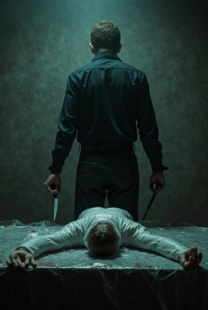 a homicide crime scene in a normal room of a man in a supine position, bloody and with several wounds on the body and the knife is found with blood very close to the body