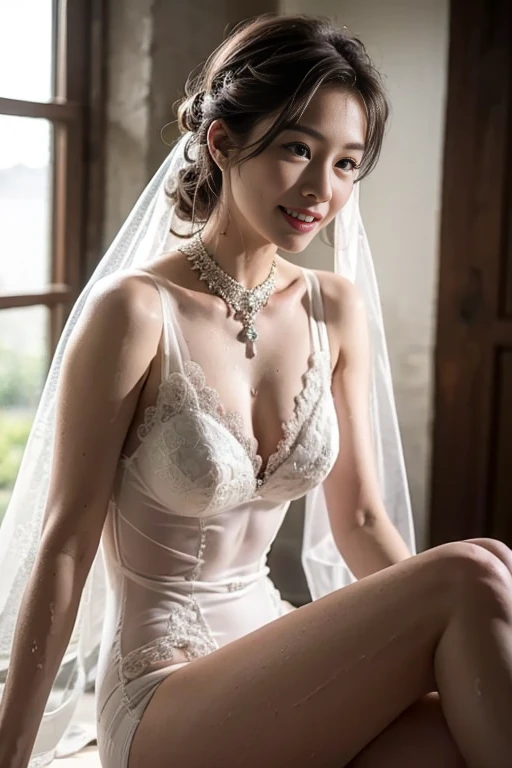 Beautiful 25 year old woman。She is wearing a summer wedding dress. She is smiling on illuminated by the evening church lights . romantic sunset. her dark brown hair. High resolution、masterpiece、highest quality、頭w:1.0、((Hasselblad Photos))、fine skin、(movie lighting)、clavicle . full body picture.