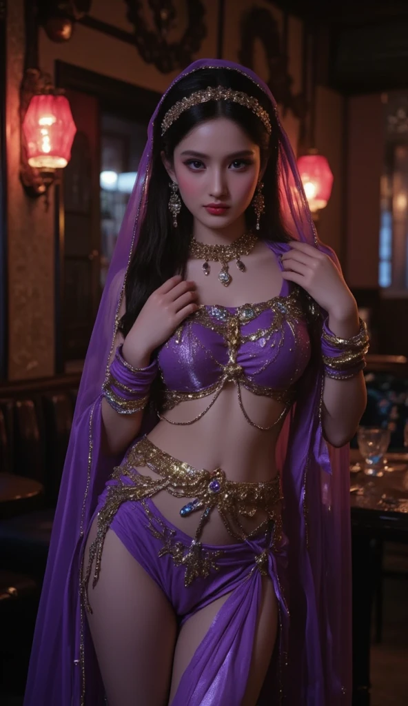Arabian woman in purple and purple outfit standing on wooden floor, Belly dance, Outfit with blue accents, beautiful costume, Beasts, She is dressed as a belly dancer, Black and purple outfit, gracefully Belly dance pose, Mr.々A pose, Bejeweled costumes, Full body wide shot, This habit, Arabian Princess, !!beautiful!!