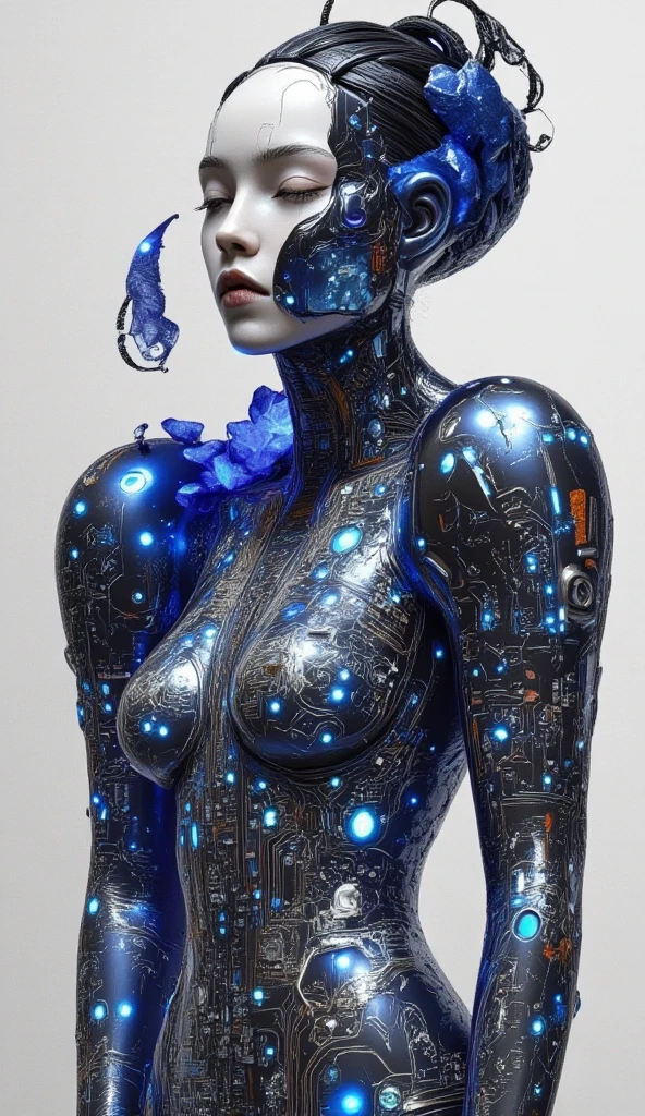 Hr giger tattooed sexy seductive dead girl, perfect face, hyper detailed neon sapphire eyes, full body view,