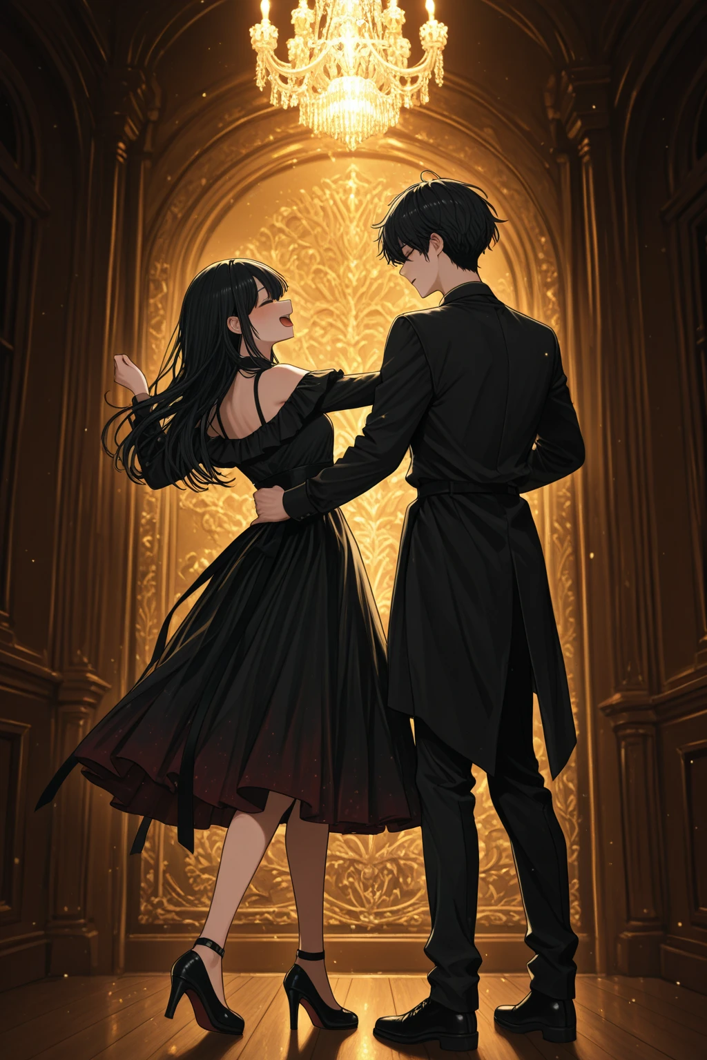 A man in black holding a girl