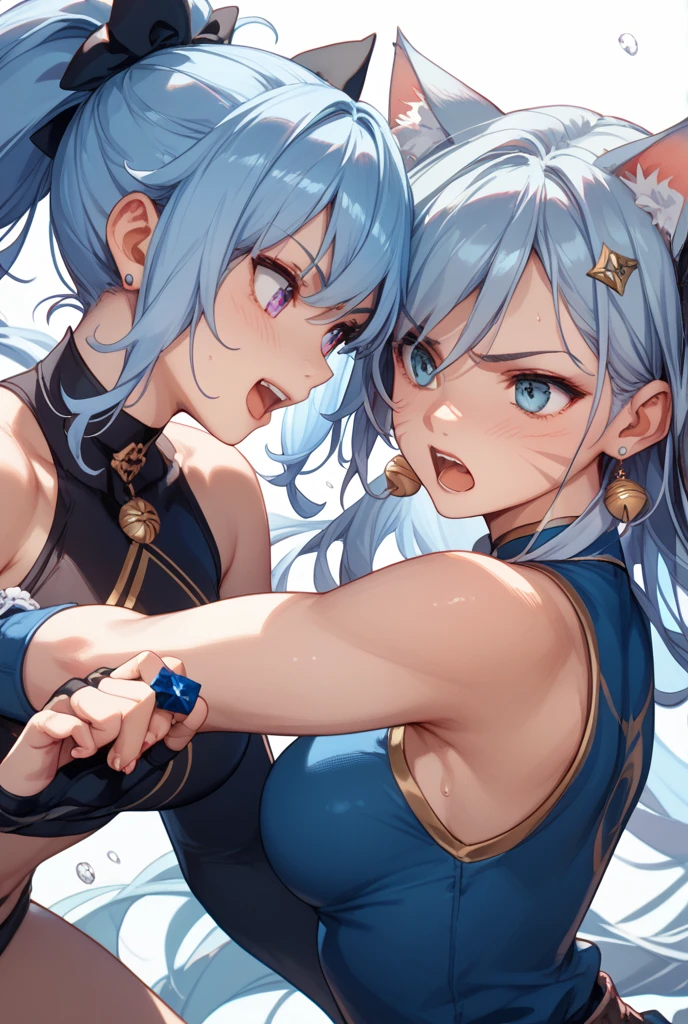 cute young girl, light blue hair, long hair, small braids hair, yellow eyes, dragon horn, dragon tail, elf ear, muscular body, small breast, chinese outfit, fight with magic sword pose