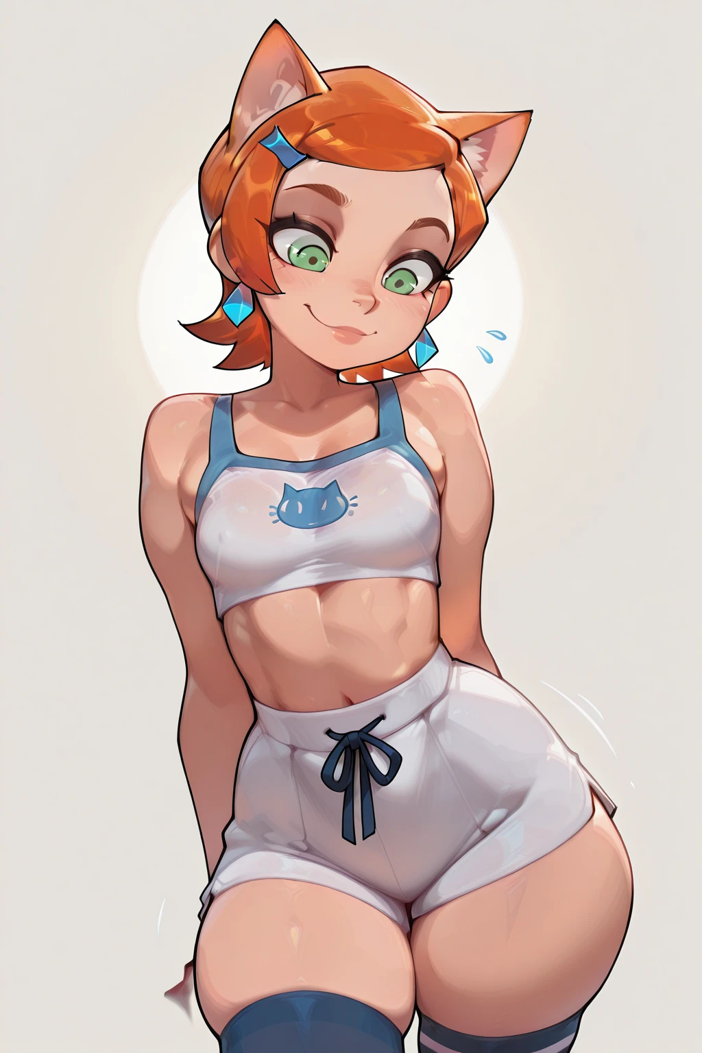 (High definition) (masterpiece),1 girl, alone Young elf girl, wide hips, small breasts, slender body, big thighs, beautiful legs, medium orange hair, tanned skin, green eyes, wearing white tank top, black bikini botton, brown gloves, with ponytail, brown boots, relaxed pose, smiling