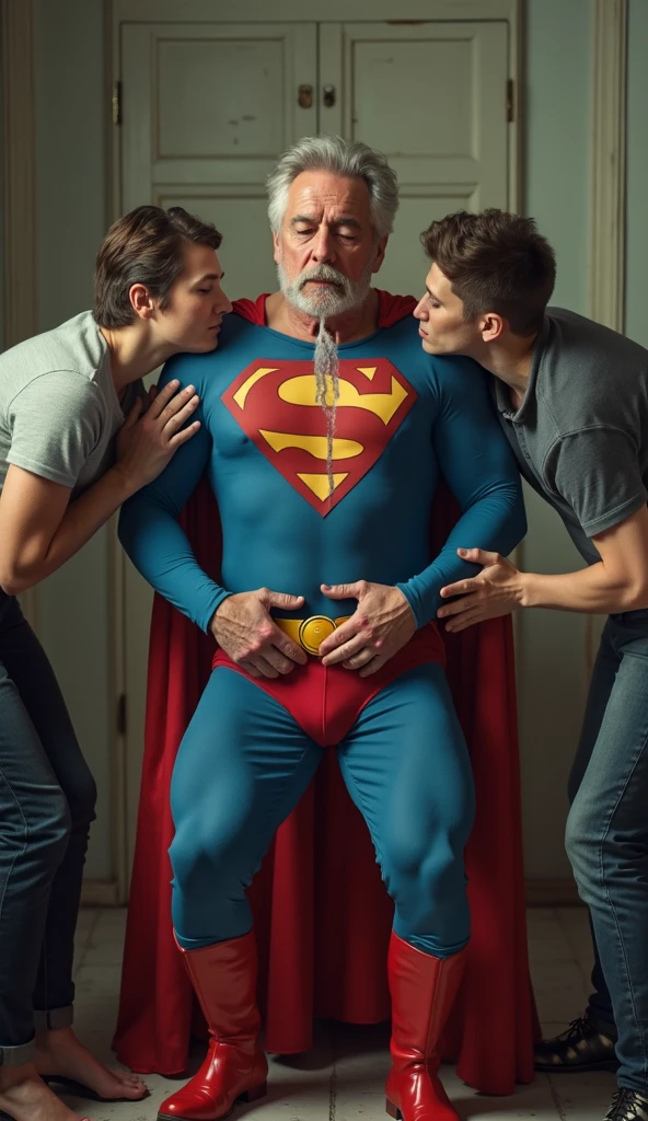 score_9, score_8_up, score_7_up, score_6_up, score_5_up, score_4_up , ,photo realistic,2men,
slim old man Alfred (butler, intelligent, gentlemanly, slim, in his 60s) and young guy Batman (hairy, muscular,handsome, tall, body covered in scars,30years old) wearing only a mask embrace each other in the shower in white briefs
