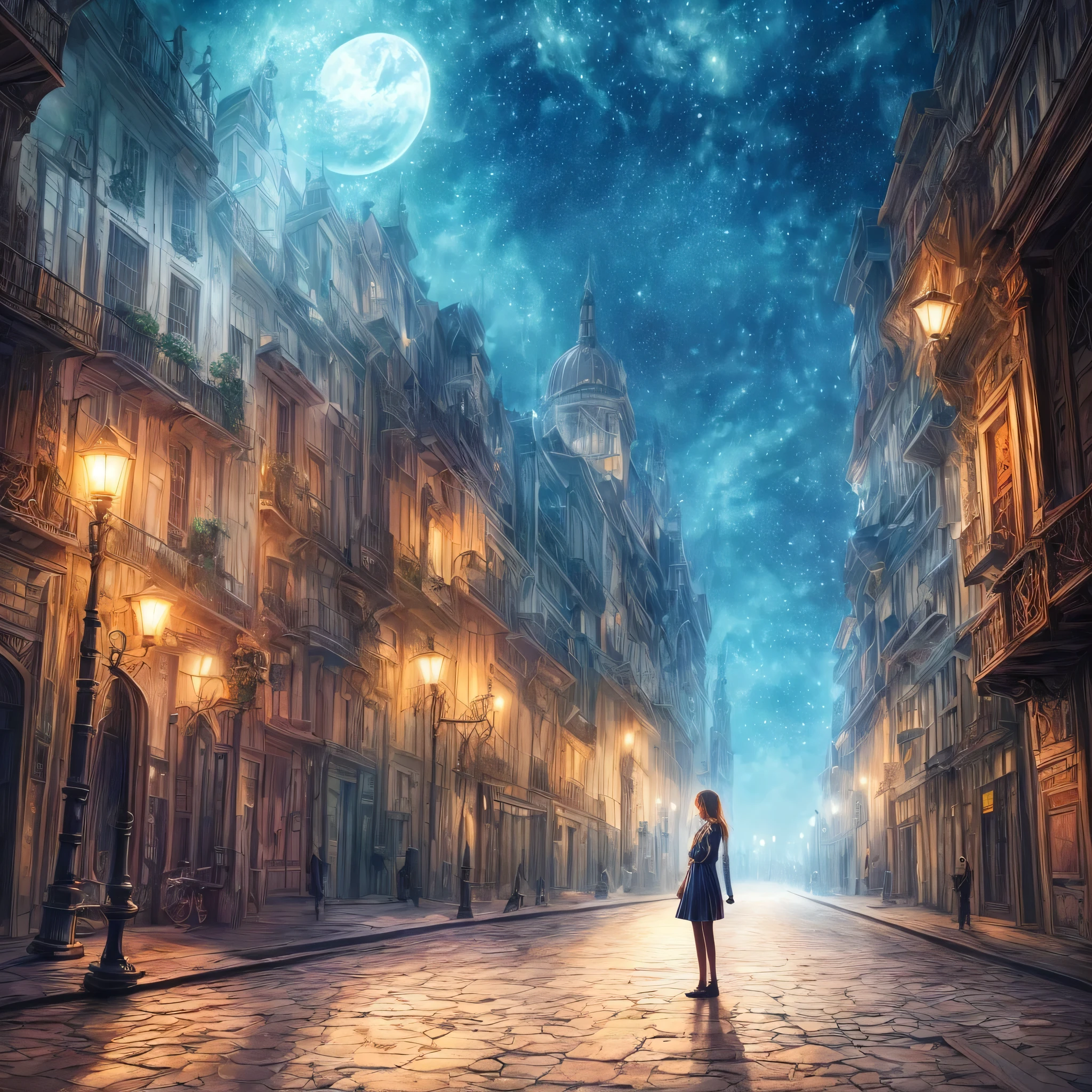 a girl standing in the middle of the night. The scene conveys a sense of fantasy, with rich tones and refined details. The background presents a fusion of soft and luminous colors. The art style is detailed and refined, with subtle contours and immersive lighting and perfect