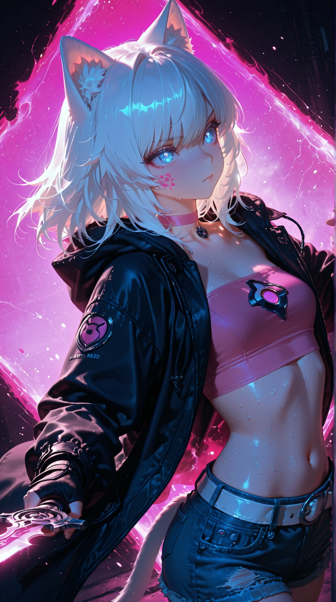 Masterpiece, Best quality, 1girll, Solo Woman, Cinematic light, Battle effect background, Long white hair, Yellow eyes, Big breasts, Black shorts, White cropping, Black jacket, warrior girl, intricate outfits, Hair ornaments, Glowing eyes, Smile, Blood dripped from the mouth, Long socks, navel, septum, Energy particles, Fighting stance, Sweat, Night, Glowing eyes, Dark skin, black glove