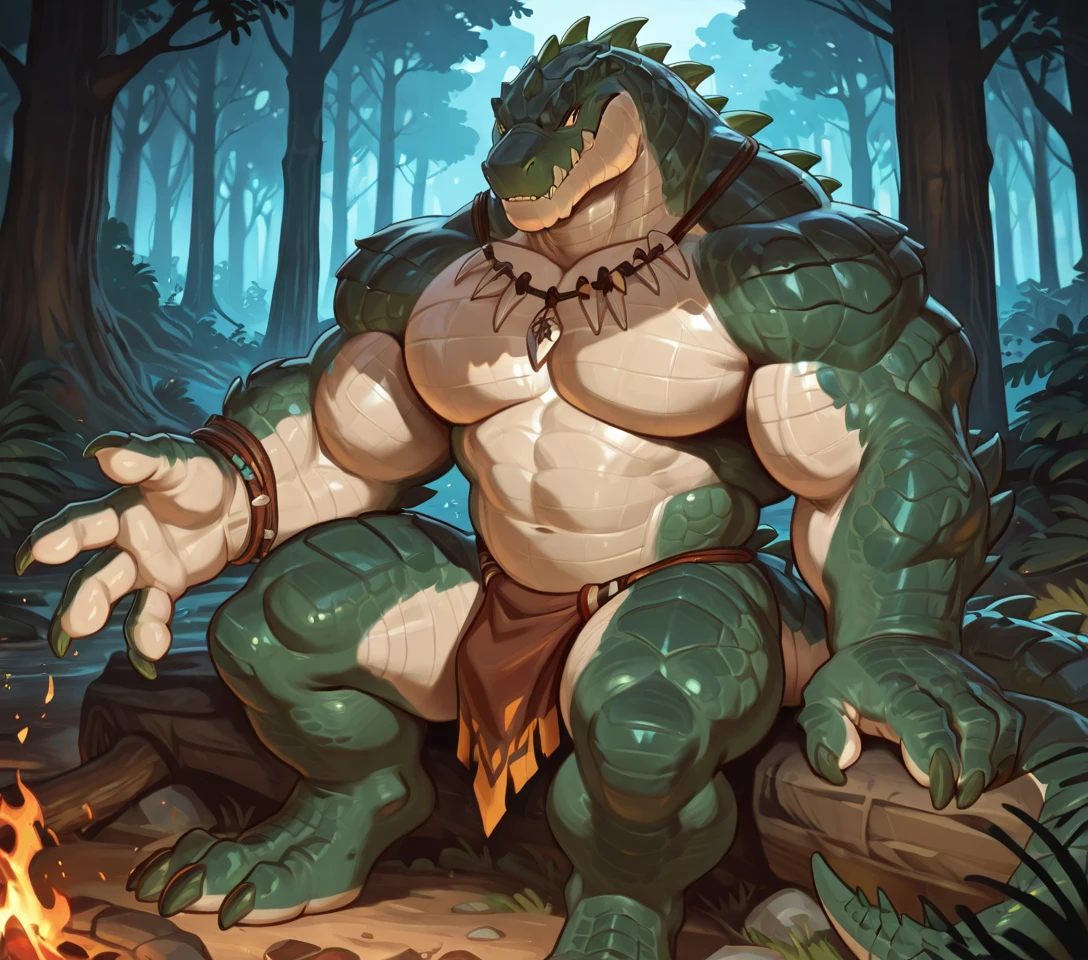 Libra, reptiles, scar, Humanity, Crocodile, green body, scale, There is nothing there, Crocodilian, facial scar, Muscular, green scale, teeth、get annoyed、Fighting stance、Movement angle、From above、Remains