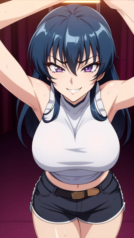masterpiece, best quality, looking at viewer, upper body, portrait, looking at viewer, seductive smile, put your hands behind your head, armpits, armpits visible, sweaty armpits, akeno himejima, very large breasts, long black hair, wearing purple tanktop,