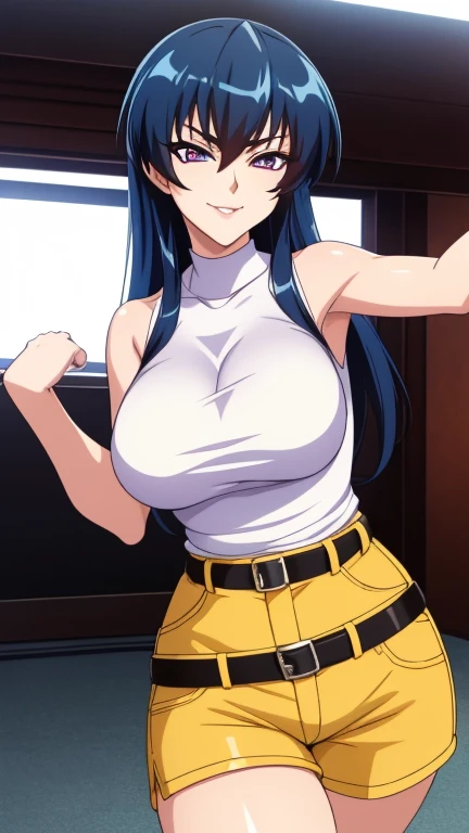Yaoyorozu , big eyes , beautiful face , eyelashes , my hero academia style , big round breasts , sexy , thighs , anime style , cell shading , revealing thighs , sitting at bar 
