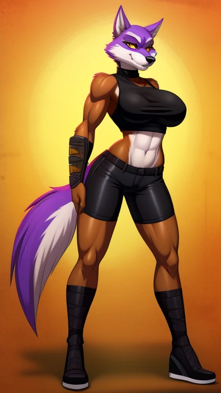 (solo) female anthro zebra, long blond hair, zebra, big breasts, attractive, yoga clothes, fit body, hyenazebra tail, arachne eyes, thicc, freckles, freckles on face, smug eyes, (mad expression), she is standing look to the right, violet background, simple background, thick thighs (dark skin, ebony, deep ebony) (side view) high heels