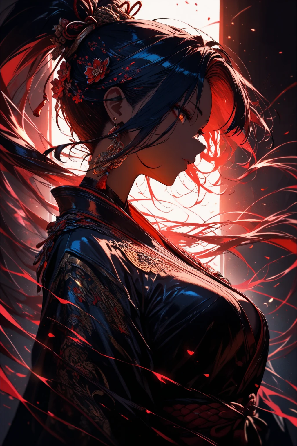 masterpiece, highest quality, Ultra-high resolution, One Girl, (Abstract art:1.4), Color bleeding, Visually stunning, beautiful, exciting, Emotional, Side view、Samurai Girl、