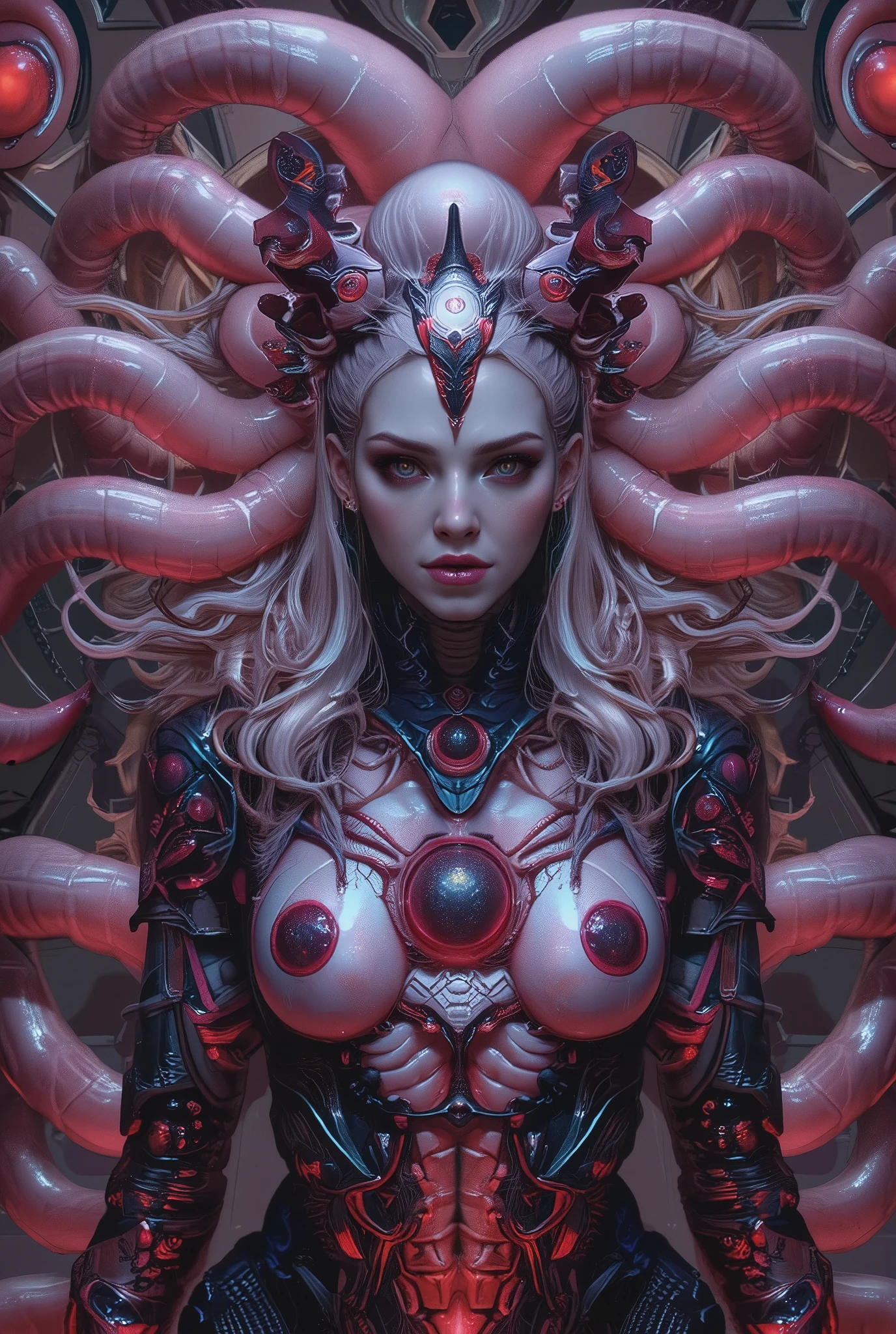a mature woman in a pink lingerie, big breasts, curvy figure and space background, white haired deity, goddess of the underworld, masterpiece goddess of sorrow, anime goddess, dark goddess, lolth, fine details. anime.seductive anime girl, goddess of galaxies, ahegao, cyborg goddess in cosmos, cyborg - girl with silver hair