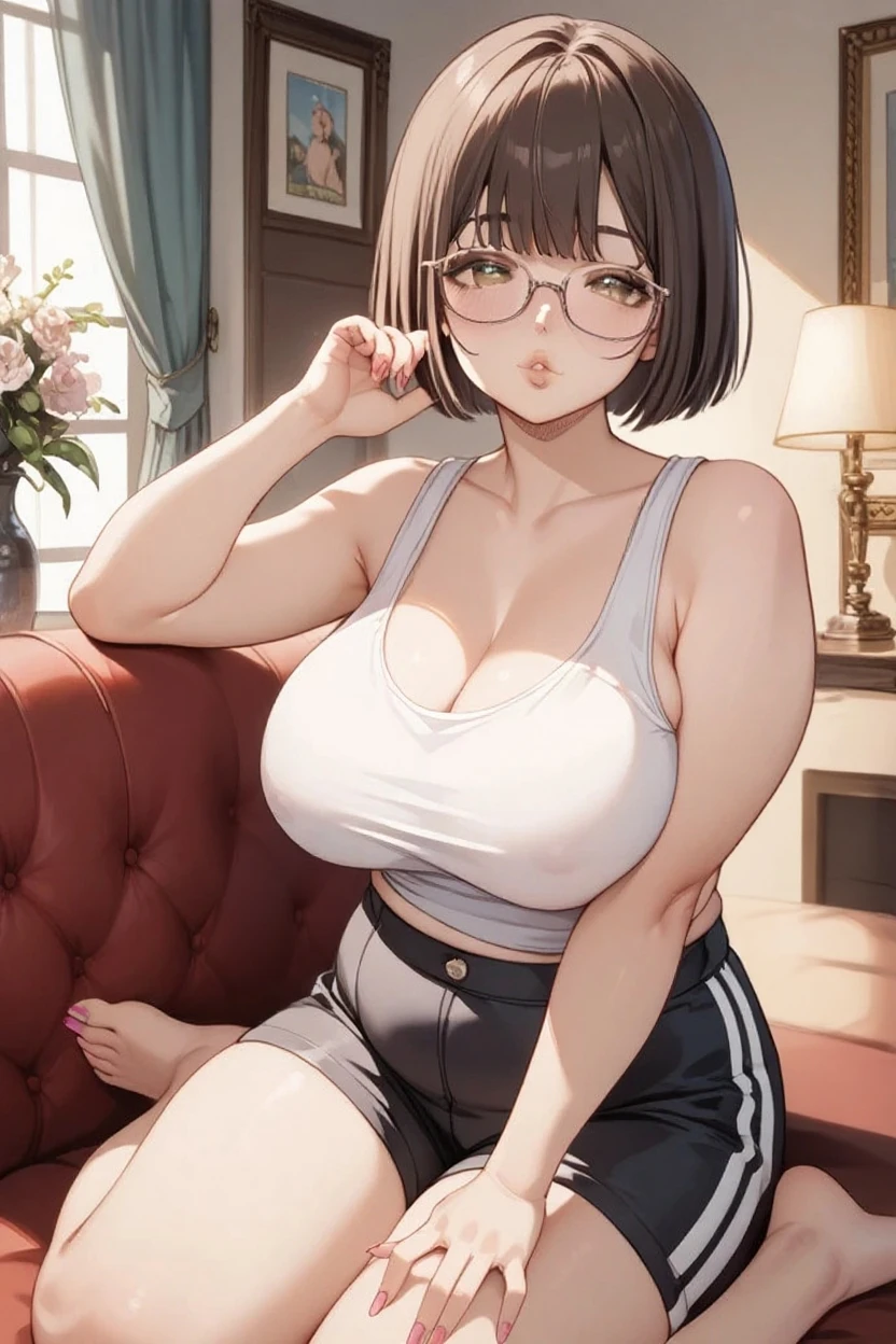 masterpiece, (highest quality), ((Most detailed)), Depth of written boundary, Detailed eyes、 Mature Woman、short hair、Sweat、Glasses、lips、Sports Bra、seductive smile