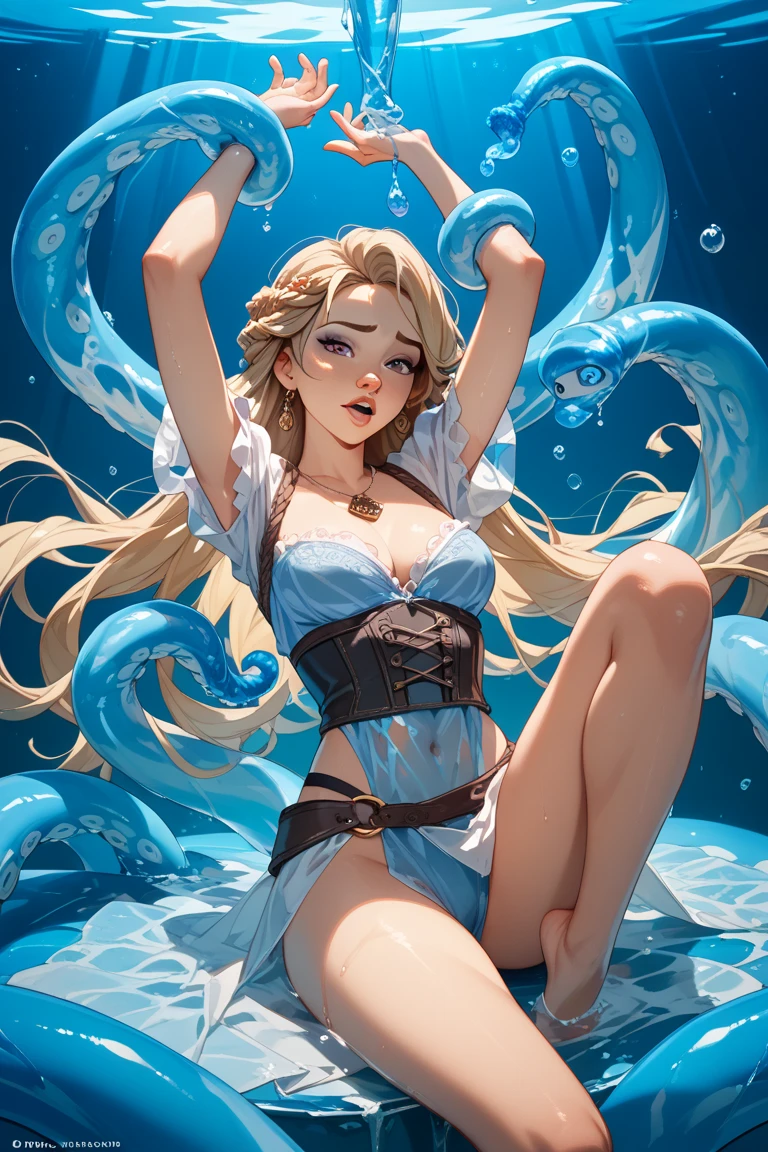 ((Best quality, 8K, Masterpiece: 1.3, 1girl, Beautiful girl)), cute, Dynamism, Detailed face, Detailed skin, detailed clothes, Detailed eyes, Detailed lips, Detailed tongue, Detailed fingers, Detailed mouth, Photorealistic, Raw photo, highres, Natural lighting, dynamic pose, perfect anatomy, toned legs, double eyelids, tear bags, round eyes, moist lips, sweaty, blonde hair, rainbow hair, horns, blush, ecstatic face, steam:1.2, fog:1.2, (tropical ocean, japanese clothes), wet clothes, sheer wet, in the bath, looking at viewer