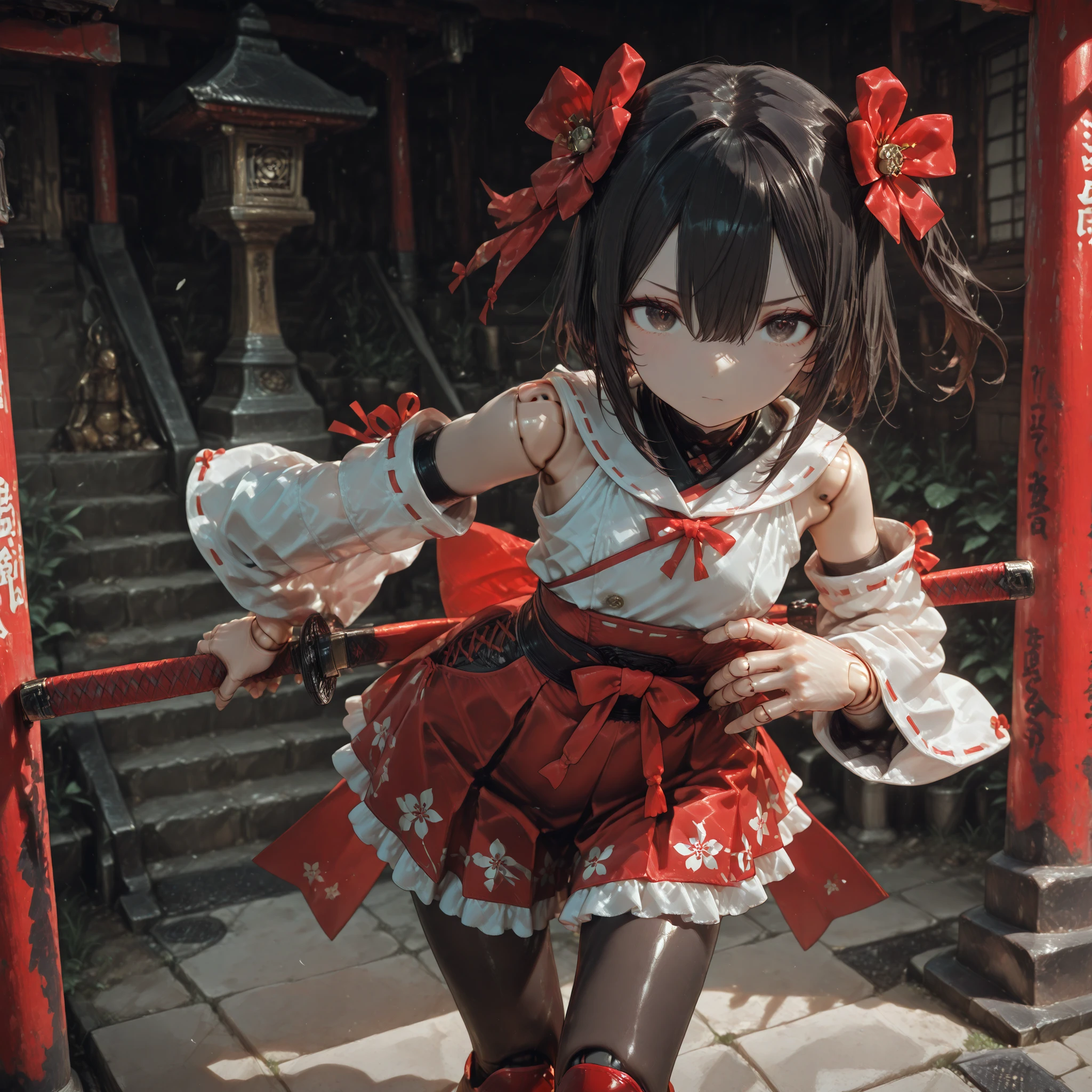 Shelley Gee, (masterpiece, top quality, High Definition: 1.2), girls, Alone, dark brown eyes, frills、lace fabric、black hair、pantyhose、Women's Funny Faces、sleeves are bordered with lace 、Slightly Short Bob、 135 cm 、elementary school student、cute face、Like々Funny Face、 Upward corner 、Hair Accessories、 Exquisite face、Delicate Hair、lace pattern、 Overall Bright Color 、double eyelid、big eyes 、flat chest, Floral Shorts 、The front hem、thin waist、black hair background、Black background、dark brown eyes、empty space、Moving Pose 、Side Tail on One Side、 Black Shrine Maiden Costume、
(masterpiece, top quality, top quality:1.2), very detailed,most detailed ((Super Detailed)), (very detailedCGイラスト), ((very delicate))、doll joints、 mechanization、robot