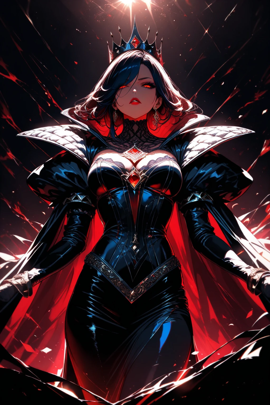 ( qualidade 8k ), ( melhor qualidade ), ( Ultra HD | | | | ), ( Anatomia do personagem perfeita ), ( perfect  lighting ), ( Foto corpo inteiro 8k ), ( Detalhamentos perfeitos ), ( Detalhes do personagem perfeitos ), ( Details of the perfect setting ), ( obra prima ), ( Simetria do rosto do personagem perfeito ), ( Construction of the body of the delicate female character ) Uma Condessa Vampira perfeita, extremamente bela, com cabelos azuis (( hair fluttering in the wind )), Large succubus handles (( Cor das Asas Interna Vermelha, Externa preto )) , corpo perfeito, rosto lindo, torso, pernas, Arms, smile shy, ((calm expression)), ((sangue escorrendo na latera da boca)), wearing Count Dracula's clothes in black, corpo inteiro vampiro traje cor vermelha, wearing a black robe of Count Dracula, ((hair fluttering in the wind)), ( Transylvania Scenery ), ( Castle in Transylvania ), ( Starry Night Schedule ).