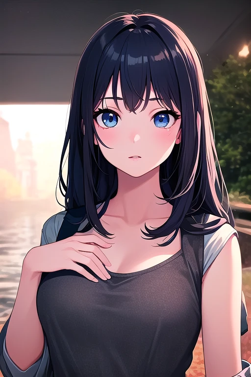 #quality(8k wallpaper of extremely detailed CG unit, masterpiece, hight resolution, top-quality, top-quality real texture skin,hyper realisitic, digitial painting,increase the resolution,RAW photosbest qualtiy,highly detailed,the wallpaper),BREAK,((solo))#1 girl(cute, kawaii,small ???,hair color silver,blue meshed hair,skin color white,eye color blue,eyes shining,big eyes,big breast:2.0,smirk,short skirt,tank top,full body),BREAK,#background(noisy town,),(when drawing the hand draw them very correctly for sure please:1.4)