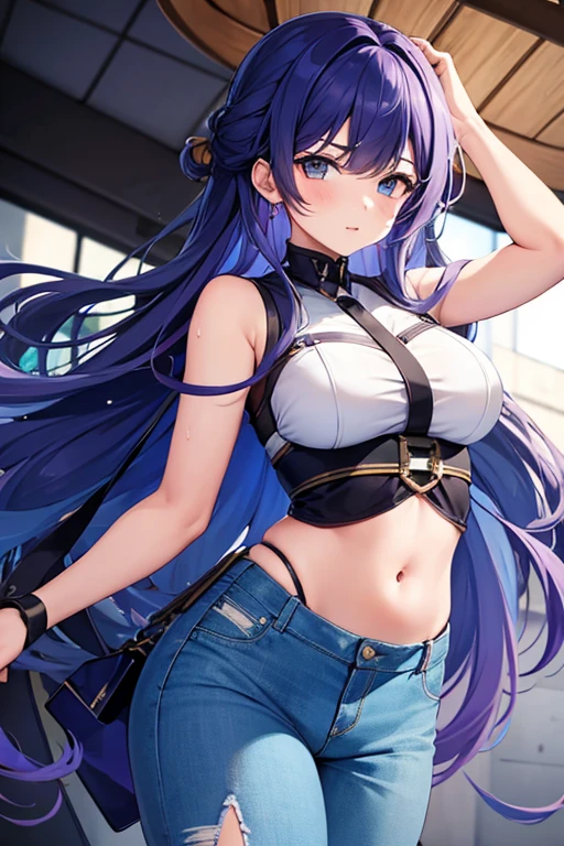 (masterpiece:1.37), best quality, (extremely detailed:1.37), woman, mature, adult, large breasts, very long hair, dark purple hair, purple eyes, (extremely detailed eyes:1.37), crop top, cleavage, navel, jeans, open fly, (groin:1.25), desperation, (wetting: self 3.0), standing, city, futuristic, neon lighting, high-tech, street