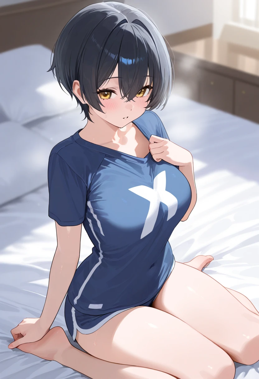 crea una chica anime con ropa interior en color negro con caderas amplias y pechos grandes acostada en una cama y piernas abiertas con una cara muy exitada y sudando mucho