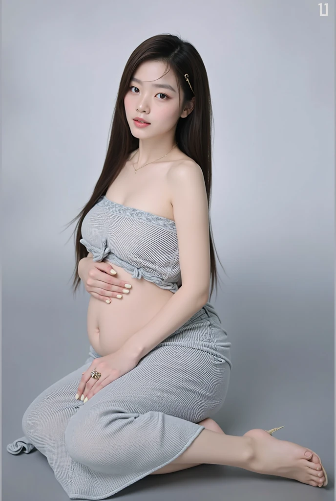 (Extremely detailed, In a cozy interior , Slightly fat, plumw, Bigchest, ((pregnant)),  huge tit, refined face, sexy for, Wearing a brown crew neck dress, tight jump dresses, Slip Dress, K HD, Close-up shot shots,  Photorealistic perfect body, very very very realistic)