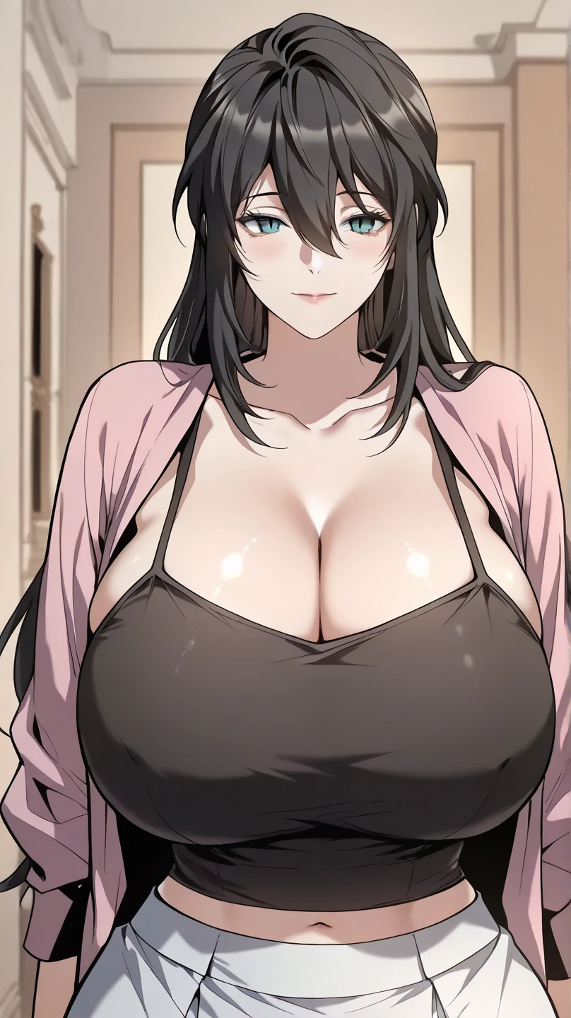 a woman nun big breast sexy bored serious sad emo sleepless eye sleep tired short black hair mencho her pink eye wears a suit nuns damaged scratch broken shows navel and a long black skirt damaged broken dirty burned she mega giant