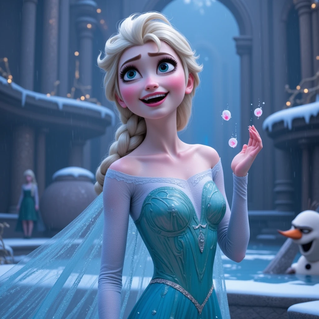 (obra maestra:1.4), (mejor calidad:1.4), (High resolution:1.4), Elsa de Arendelle, They are smiling, Vestido de Ice Queen, dormitorio, mirando al espectador, 1 girl solamente, Enfoque en solitario, Elsa with birthday balloons